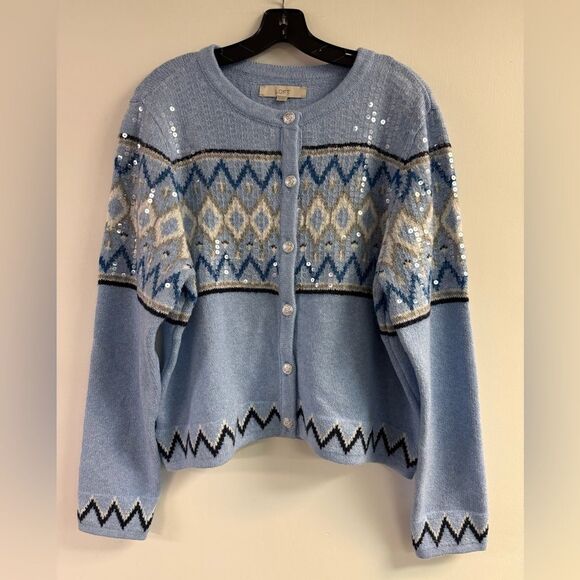 NWT Loft Sequin Fair Isle Sweater Jacket Cardigan in Sky Blue Size XL - Picture 5 of 8